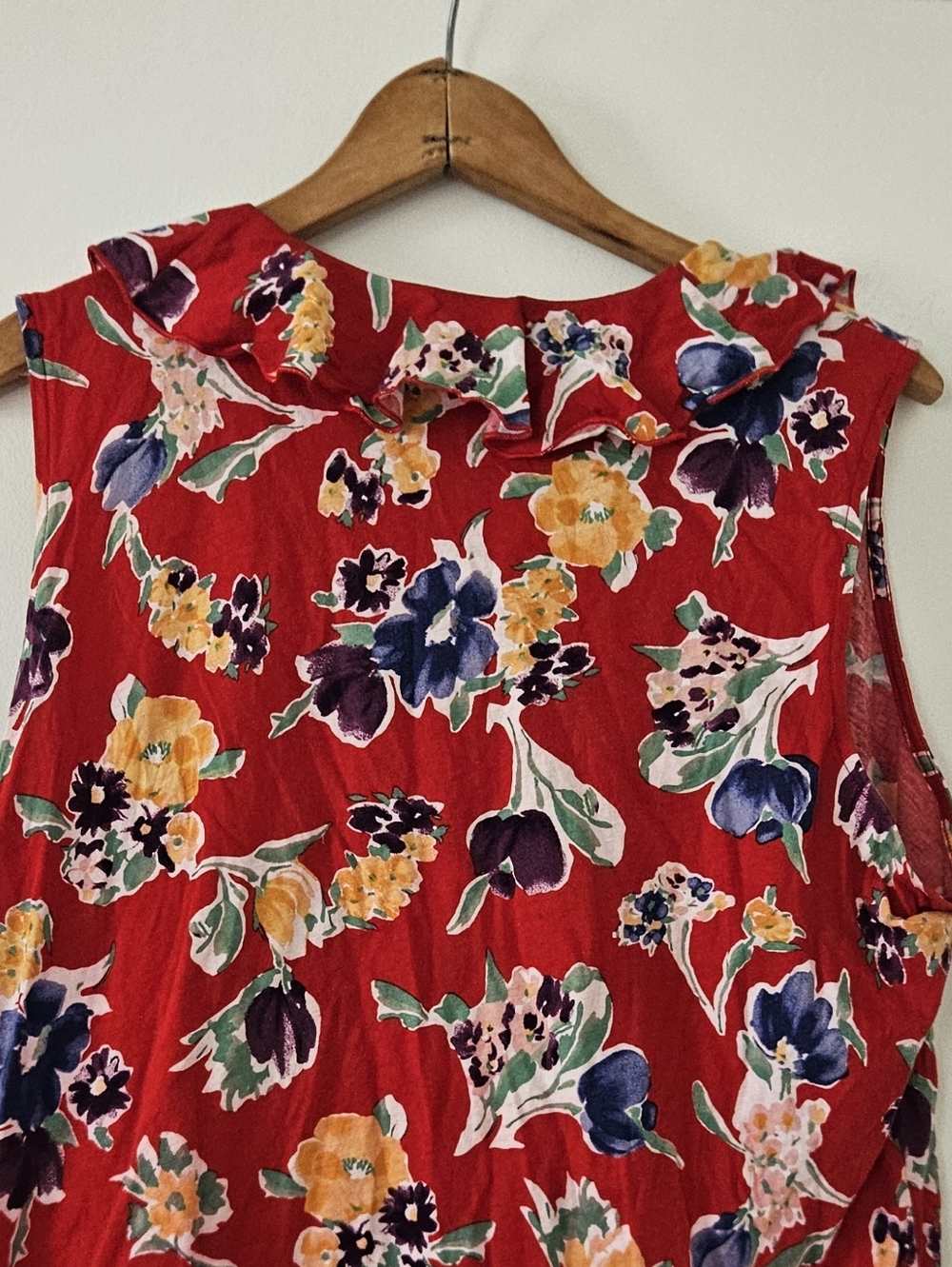 Chaps Womens Tank Top XXL Red Floral Boho Ruffle Cottage Tropical Cotton Peasant - Picture 5 of 8